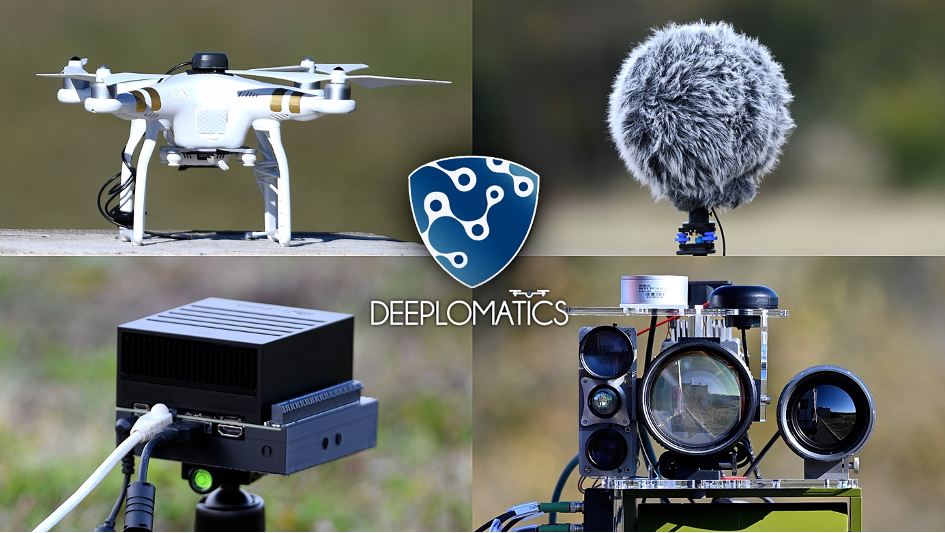 Figure 1 : Éléments du système de surveillance : exemple de drone à détecter, antenne microphonique avec bonnette anti-vent, intelligence artificielle locale connectée à l’antenne, et ensemble de caméras (visible, thermique, et imagerie active dans le pro