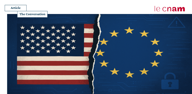 La question de la régulation des contenus des réseaux sociaux est l’une des lignes de fracture entre les États-Unis de Donald Trump et l’Union européenne. Illustration créée à l’aide d’une intelligence artificielle (OpenAI).